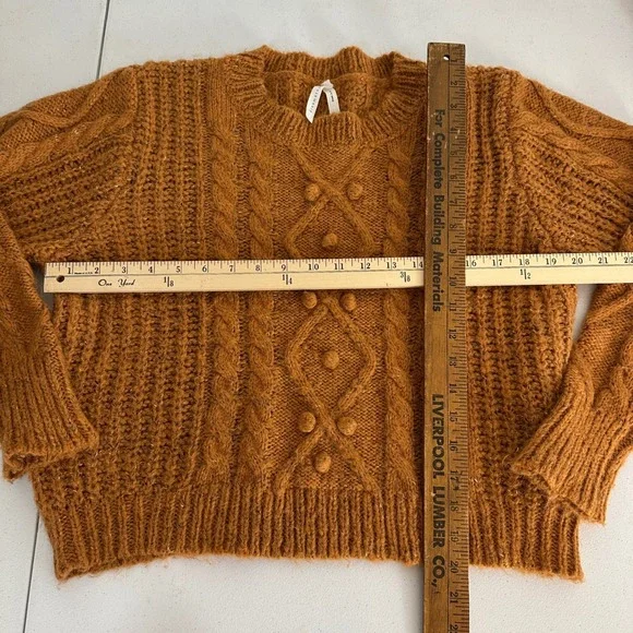 Dreamers‎ by Debut Women XL Cable Knit Pom Pom Cropped Sweater Honeycomb Autumn - Picture 8 of 9